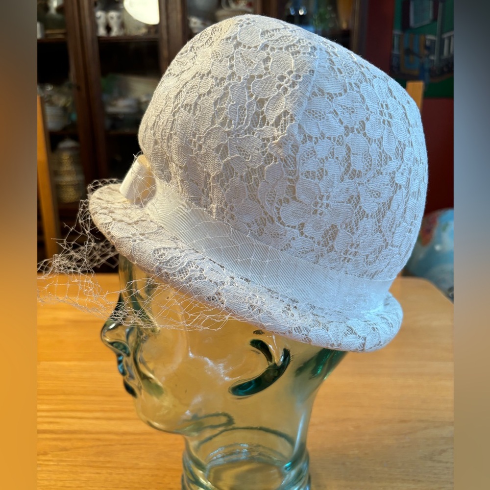 White Cloche Hat with Textured Lace